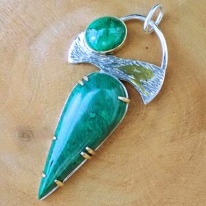 Pendant artisan natural Gem Silica Chrysocolla stones mixed metals 14k gold sterling silver gilded keum boo