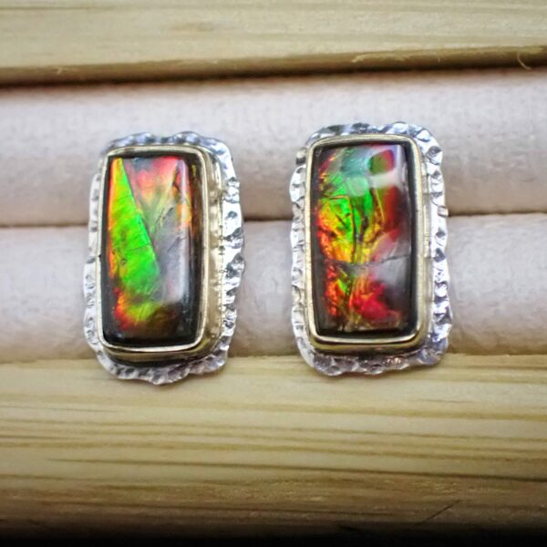 Blyde Ear studs earrings Ammolite organic gemstone natural dragon skin quality mixed metals 14K gold sterling silver artisan