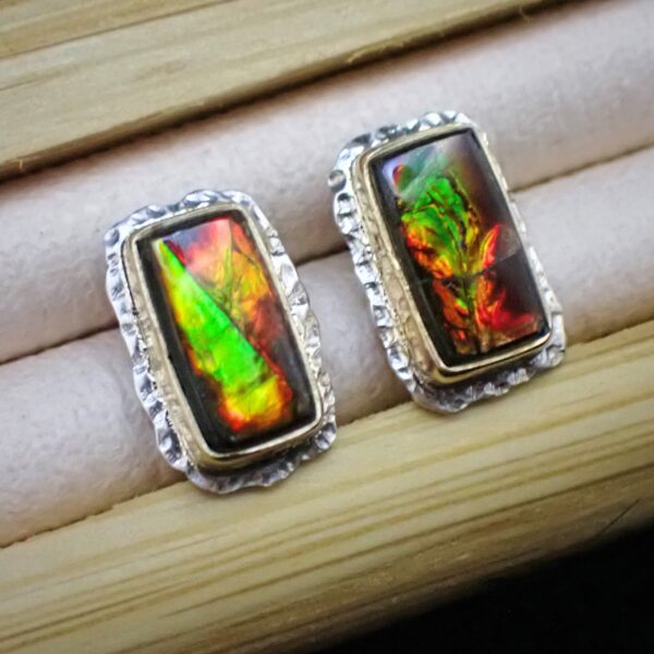 Blyde Ear studs earrings Ammolite organic gemstone natural dragon skin quality mixed metals 14K gold sterling silver artisan