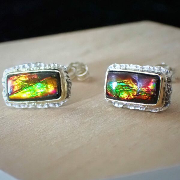 Blyde Ear studs earrings Ammolite organic gemstone natural dragon skin quality mixed metals 14K gold sterling silver artisan