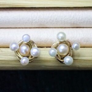 Ear studs earrings artisan white freshwater pearls mixed metals 14k gold filled sterling silver