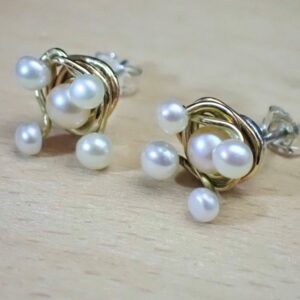 Ear studs earrings artisan white freshwater pearls mixed metals 14k gold filled sterling silver