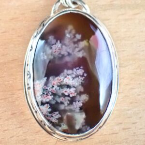 Pendant sterling silver natural Tree Agate inclusions resemble sakura blooms