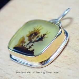 Pendant minimalist natural Dendritic Agate mixed metals 14k gold sterling silver floral art handmade