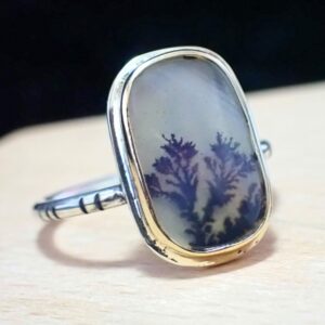 Ring fashionable natural Dendritic Agate mixed metals 14K gold sterling silver handmade