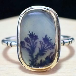 Ring fashionable natural Dendritic Agate mixed metals 14K gold sterling silver handmade