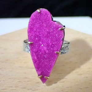 Ring statement natural Cobalto Calcite mixed metals 14k gold sterling silver handmade