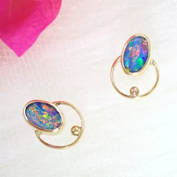 Opal Round Ear Studs Earrings Opal Gold Silver Mixed Metals Minimalist Handmade Geometric Round