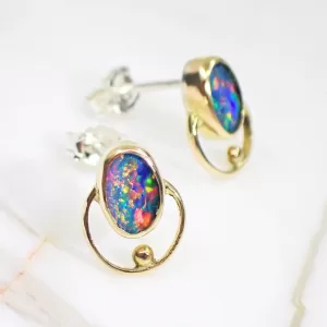 Ear Studs Earrings Opal Gold Silver Mixed Metals Minimalist Handmade Geometric Round