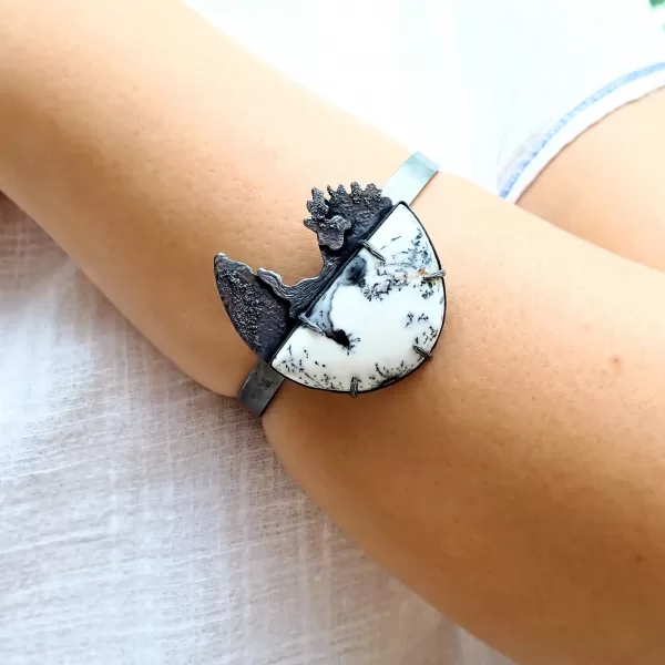 Tree1 Bangle black oxidized silver handmade oval open-ended white Dendritic Opal Merlinite