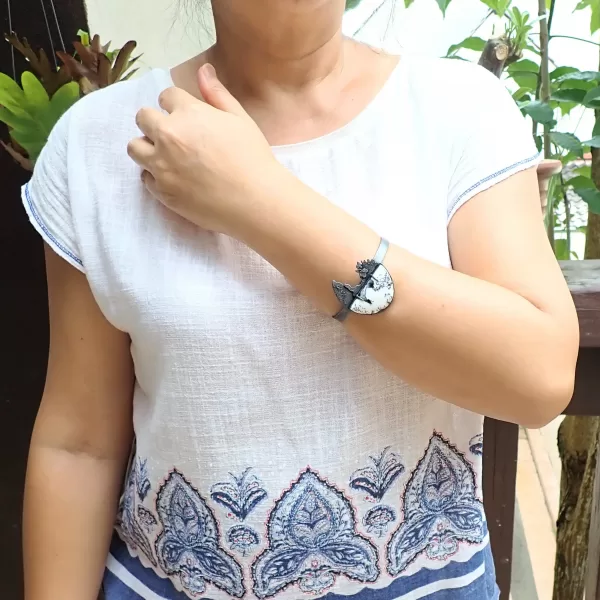 Tree2 Bangle black oxidized silver handmade oval open-ended white Dendritic Opal Merlinite