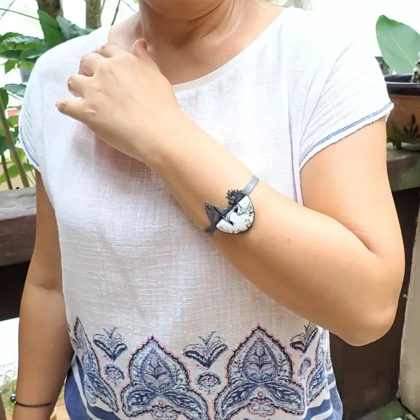 Tree3 Bangle black oxidized silver handmade oval open-ended white Dendritic Opal Merlinite