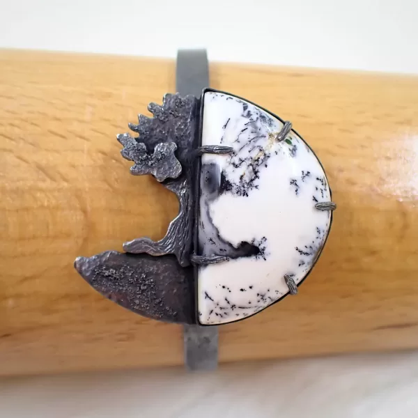 Tree4 Bangle black oxidized silver handmade oval open-ended white Dendritic Opal Merlinite