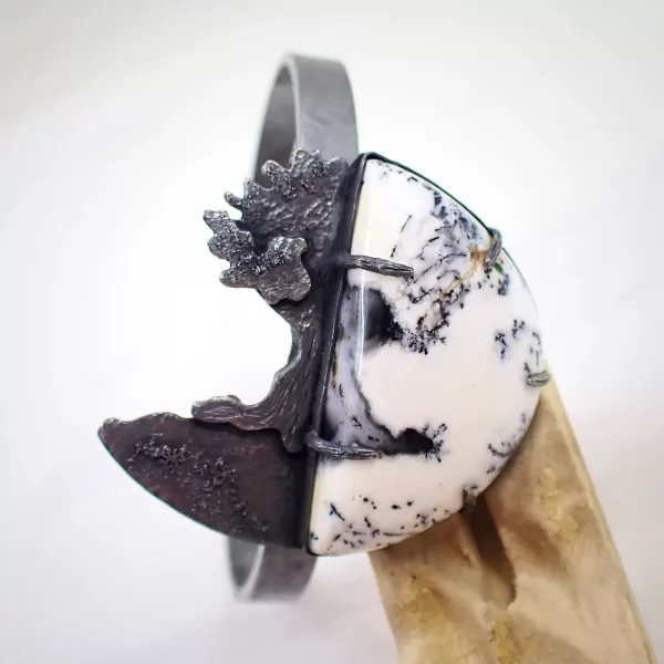 Tree5 Bangle black oxidized silver handmade oval open-ended white Dendritic Opal Merlinite