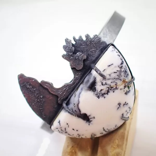 Tree6 Bangle black oxidized silver handmade oval open-ended white Dendritic Opal Merlinite