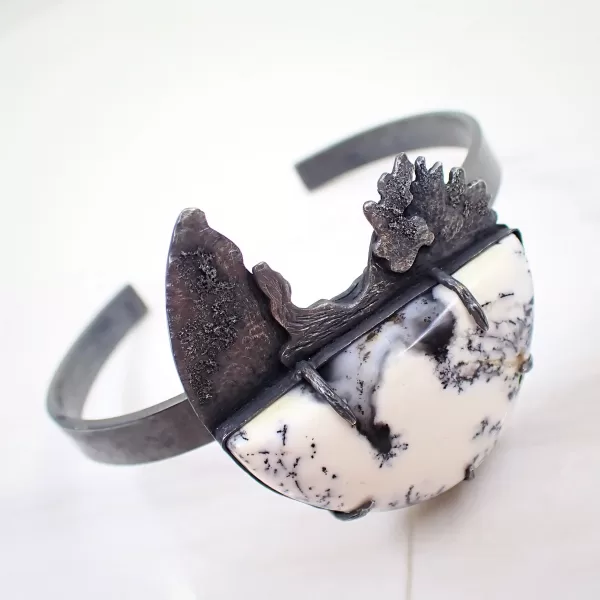 Tree7 Bangle black oxidized silver handmade oval open-ended white Dendritic Opal Merlinite
