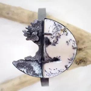 Tree Bangle black oxidized silver handmade oval open-ended white Dendritic Opal Merlinite