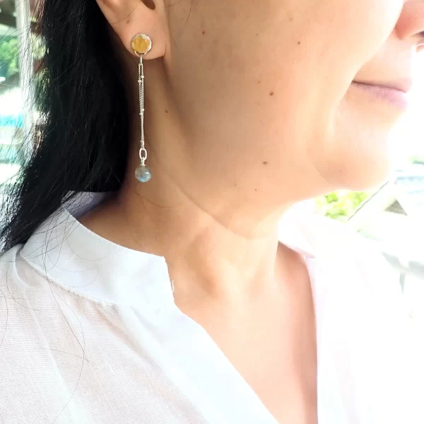 Aina_1 Ear Studs Earrings Dangles Mixed Metals Blue Flash Labradorite Gilded 24K Gold