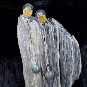 Ear Studs Earrings Dangles Mixed Metals Blue Flash Labradorite Gilded 24K Gold