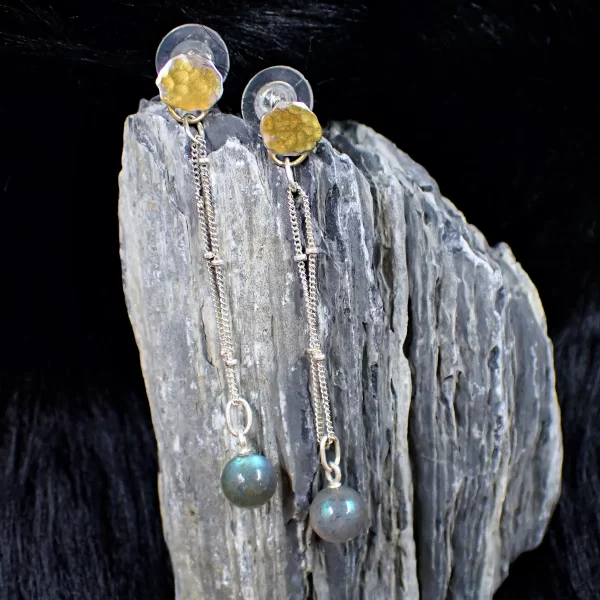 Aina_2a Ear Studs Earrings Dangles Mixed Metals Blue Flash Labradorite Gilded 24K Gold