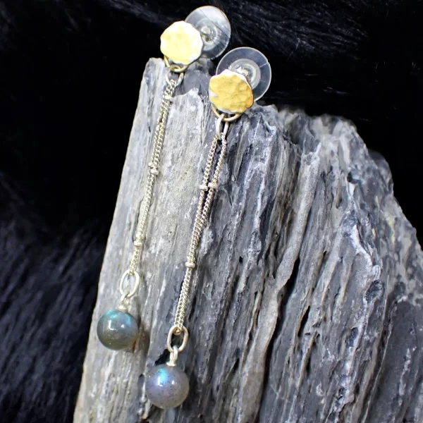 Aina_3a Ear Studs Earrings Dangles Mixed Metals Blue Flash Labradorite Gilded 24K Gold