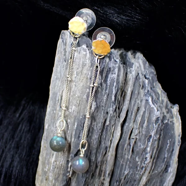 Aina_4a Ear Studs Earrings Dangles Mixed Metals Blue Flash Labradorite Gilded 24K Gold