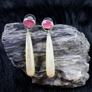 Earrings Long Drops Sterling SIlver PInk Tourmaline White Mother-of-Pearl Rainbow Pearlescence