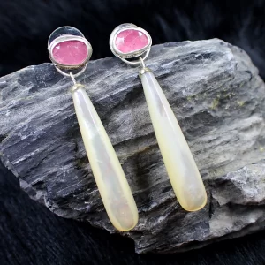 Earrings Long Drops Sterling SIlver PInk Tourmaline White Mother-of-Pearl Rainbow Pearlescence