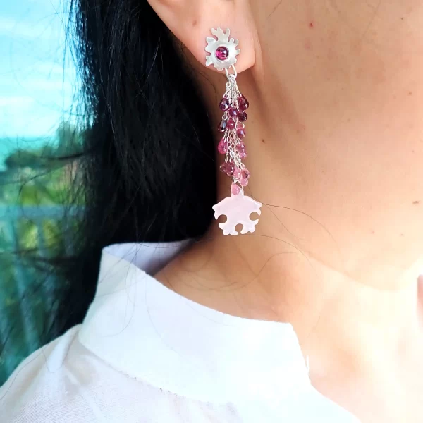Tia_1 Ear Studs Earrings Dangles Statement Sterling Silver Rhodolite Garnet Pink Tourmaline Pink Chalcedony