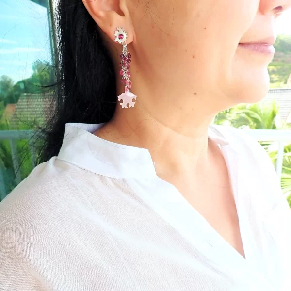 Tia_2 Ear Studs Earrings Dangles Statement Sterling Silver Rhodolite Garnet Pink Tourmaline Pink Chalcedony