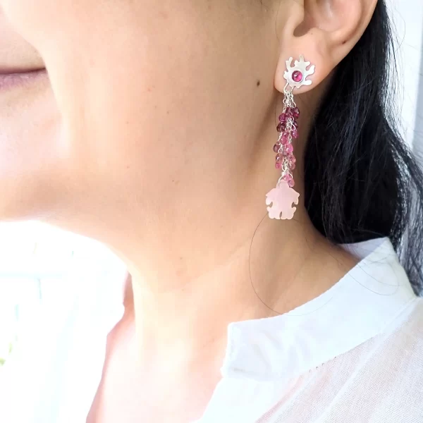 Tia_4 Ear Studs Earrings Dangles Statement Sterling Silver Rhodolite Garnet Pink Tourmaline Pink Chalcedony