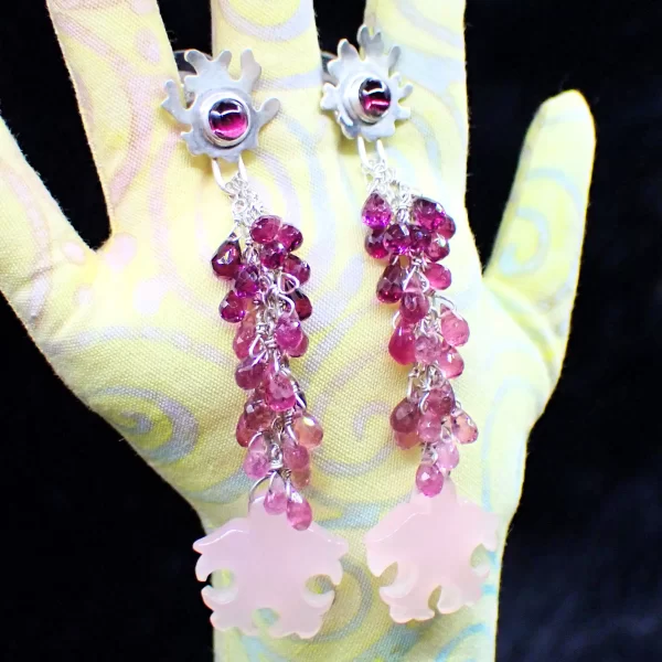 Tia_6 Ear Studs Earrings Dangles Statement Sterling Silver Rhodolite Garnet Pink Tourmaline Pink Chalcedony
