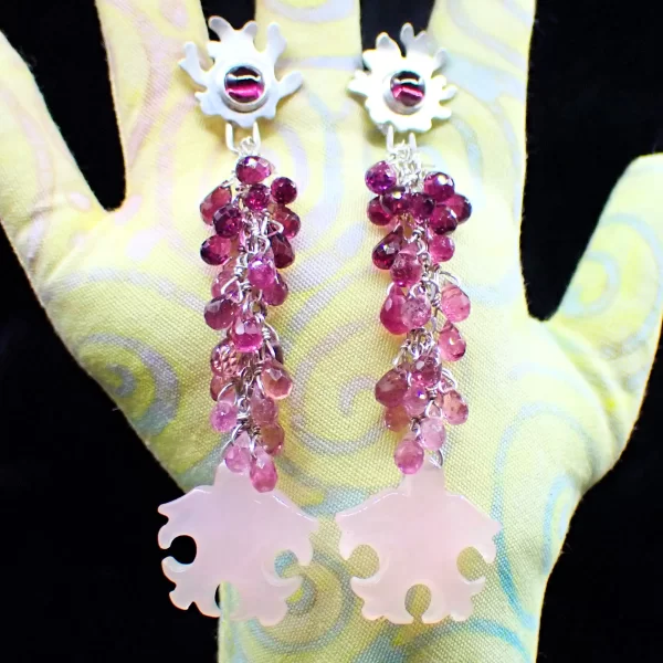 Tia_7 Ear Studs Earrings Dangles Statement Sterling Silver Rhodolite Garnet Pink Tourmaline Pink Chalcedony
