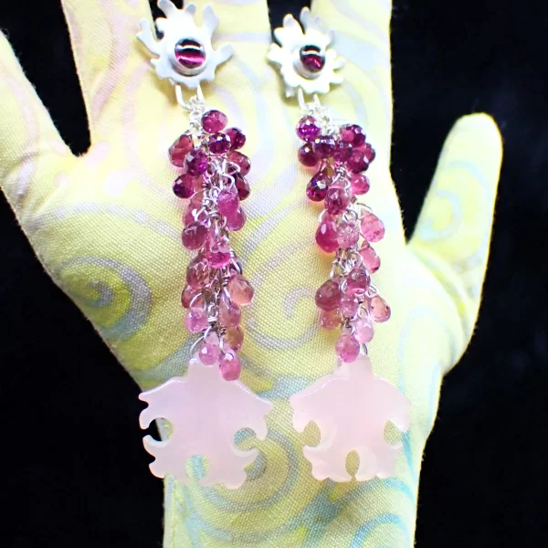 Tia_8 Ear Studs Earrings Dangles Statement Sterling Silver Rhodolite Garnet Pink Tourmaline Pink Chalcedony