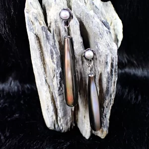 Earrings Long Drops Sterling SIlver Gray Freshwater Pearl Black Mother-of-Pearl Rainbow Pearlescence