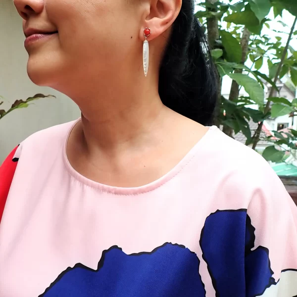 Kara_1 Earrings Inverted Drops Sterling SIlver Japanese Aka Red Coral White Mother-of-Pearl Beautiful Pearlescence