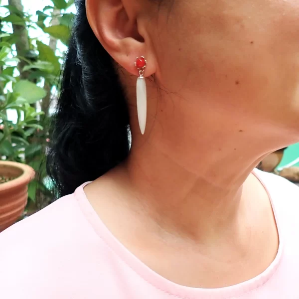 Kara_4 Earrings Inverted Drops Sterling SIlver Japanese Aka Red Coral White Mother-of-Pearl Beautiful Pearlescence