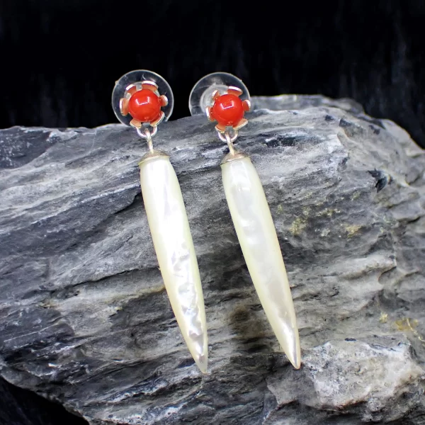 Earrings Inverted Drops Sterling SIlver Japanese Aka Red Coral White Mother-of-Pearl Beautiful Pearlescence