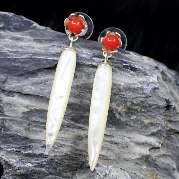 Kara_6 Earrings Inverted Drops Sterling SIlver Japanese Aka Red Coral White Mother-of-Pearl Beautiful Pearlescence