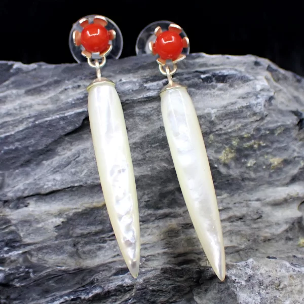 Kara_8 Earrings Inverted Drops Sterling SIlver Japanese Aka Red Coral White Mother-of-Pearl Beautiful Pearlescence