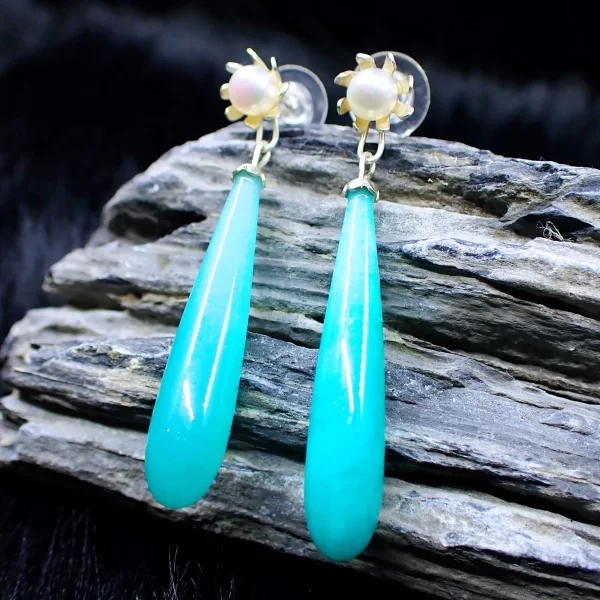Sky_6 Earrings Amazonite Drops Sterling SIlver White Freshwater Pearls