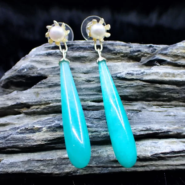 Sky_8 Earrings Amazonite Drops Sterling SIlver White Freshwater Pearls