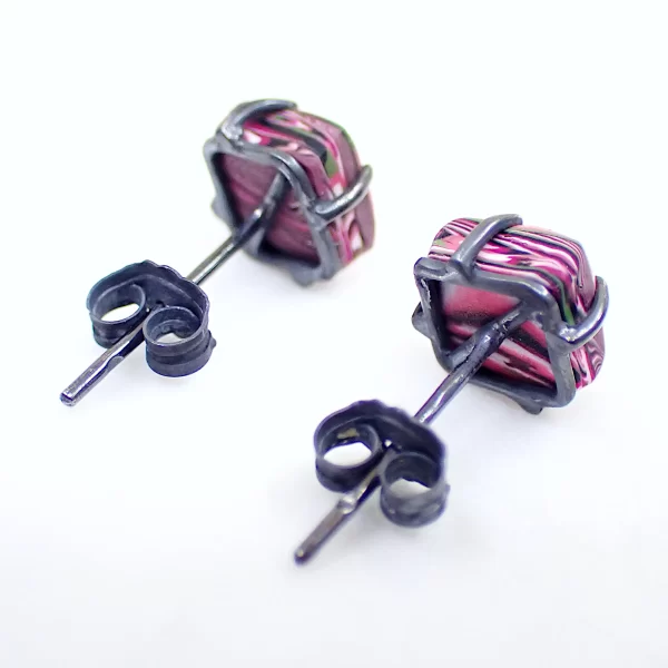 Abstract11_e Earrings ear studs oxidized sterling silver handmade polymer clay abstract art