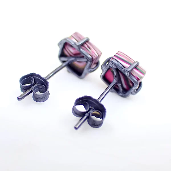 Abstract13_e Earrings ear studs oxidized sterling silver handmade polymer clay abstract art