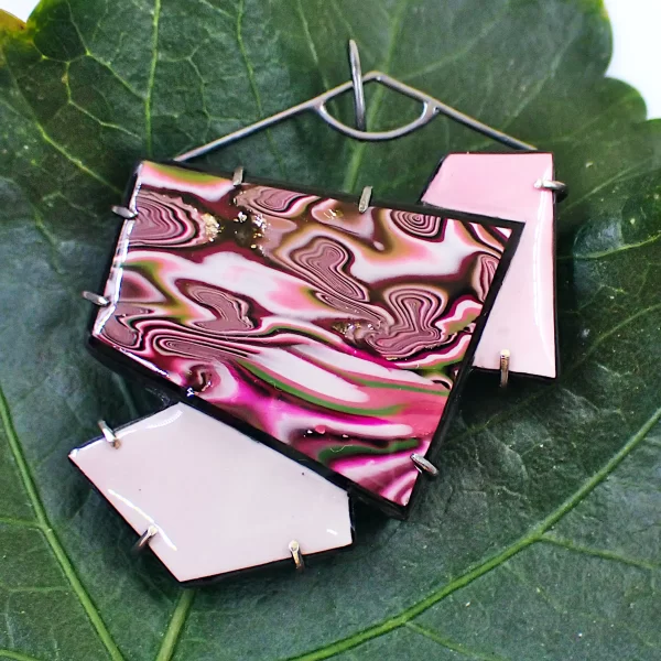 Pendant oxidized sterling silver handmade polymer clay abstract art