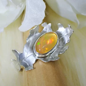 Ring Sterling Silver Oak Leaf Welo Opal Dancing Fire Handmade Unique