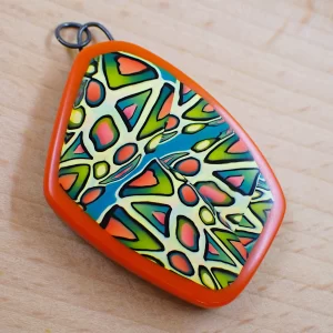 Pendant polymer clay abstract art oxidized sterling silver sunshine colors handmade