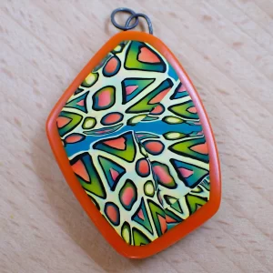 Pendant polymer clay abstract art oxidized sterling silver sunshine colors handmade