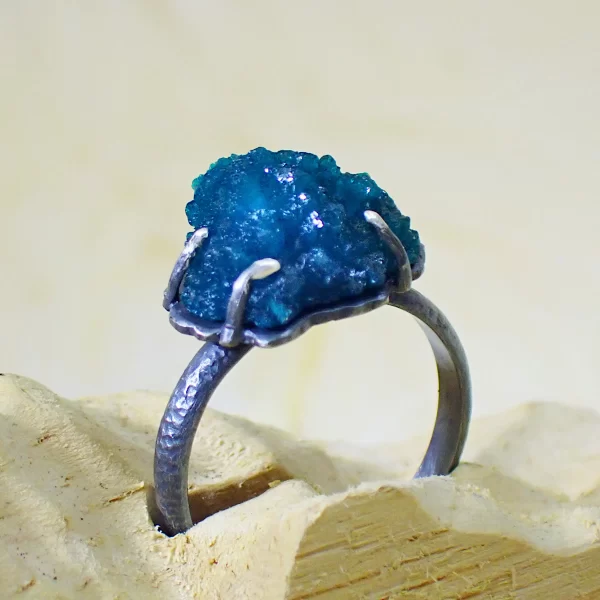 CavRing_3 Ring Oxidized Sterling SIlver Minimalist Natural Mineral Cavansite Unique Handmade