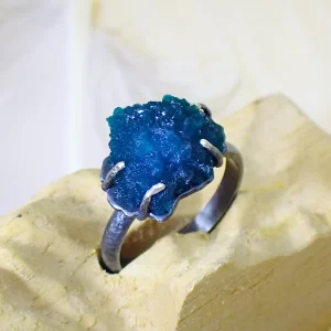 Ring Oxidized Sterling SIlver Minimalist Natural Mineral Cavansite Unique Handmade